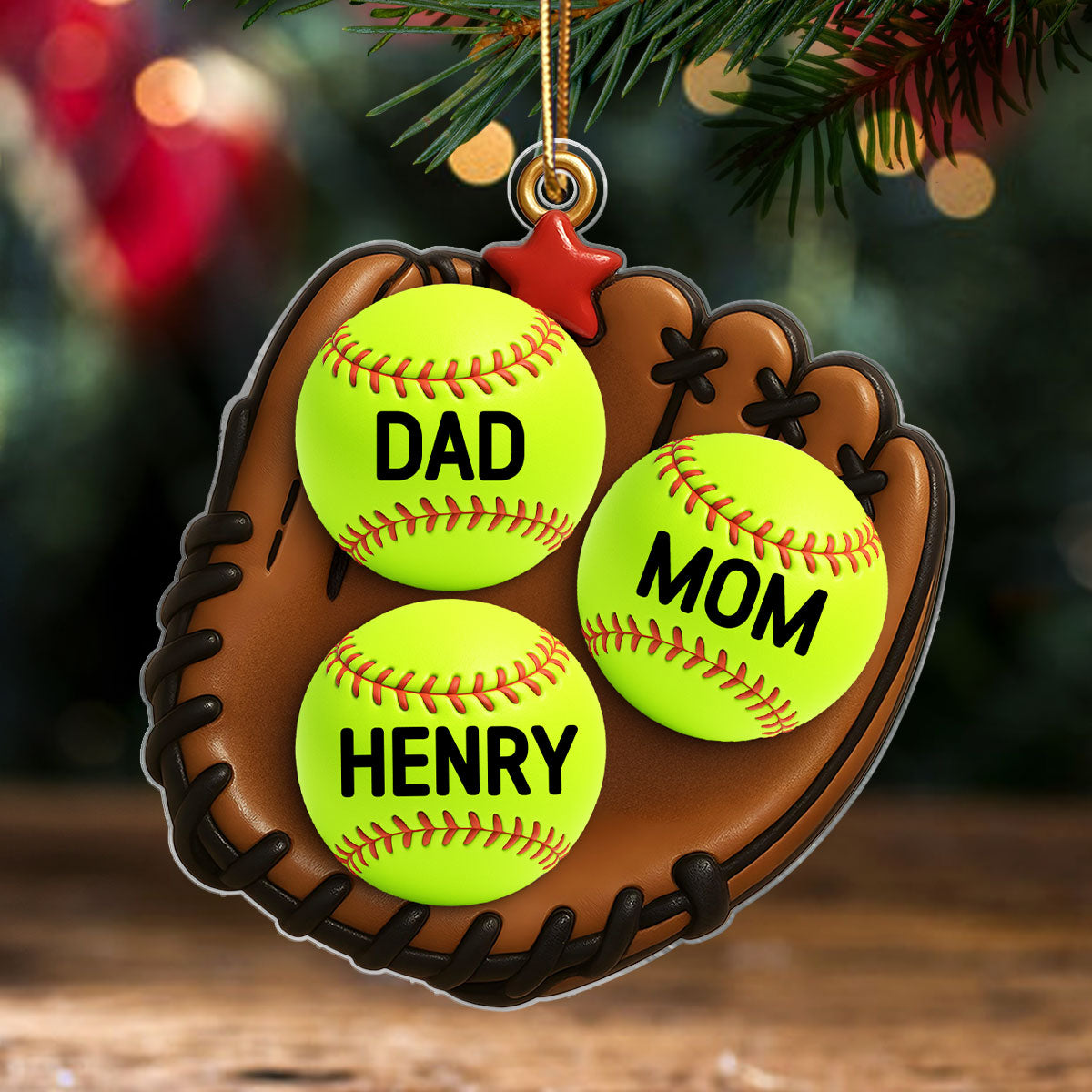 3D Effect Baseball, Softball Gloves Family Members' Names Personalized Acrylic Ornament, Christmas Tree Decoration