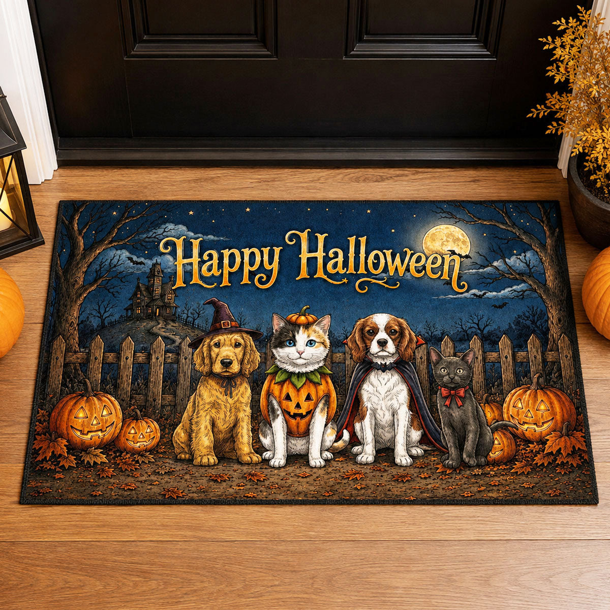 Vintage Dog Cat Halloween Night Photo Upload - Personalized Doormat - Halloween Gift For Dog Mom, Cat Mom