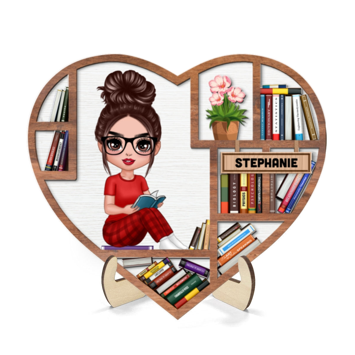 Reading Book Girl Bookshelf Heart Personalized 2-layer Wooden Plaque