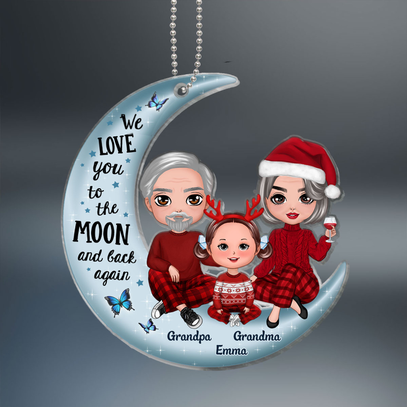 Grandpa Grandma Grandparents & Kid On Moon Christmas Gift Personalized Acrylic Ornament [Grandparents Nickname Can Be Changed]
