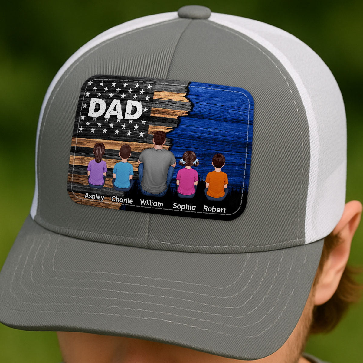 Dad Grandpa Papa Back View Sitting With Kids Half Nation Flag Personalized Leather Patch Hat