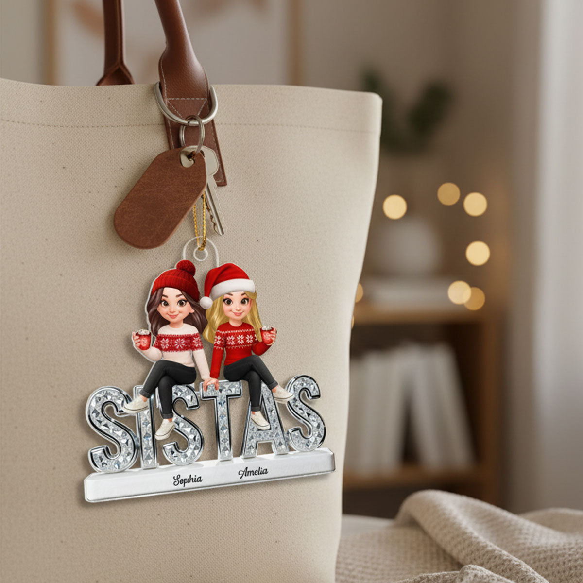 3D Shining Effect Sistas - Personalized Acrylic Car Hanger - Christmas Gift For Sisters