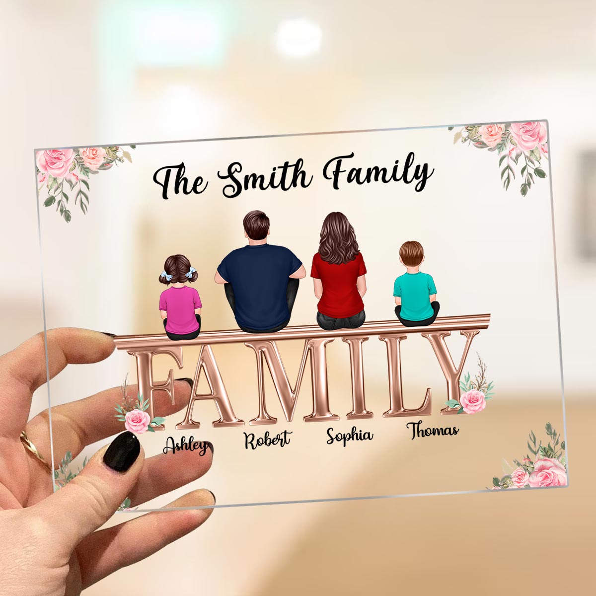 Whole Family Couple Grandma Grandpa Dad Mom Kids Dogs Cats Sitting On Word Personalized Acrylic Plaque