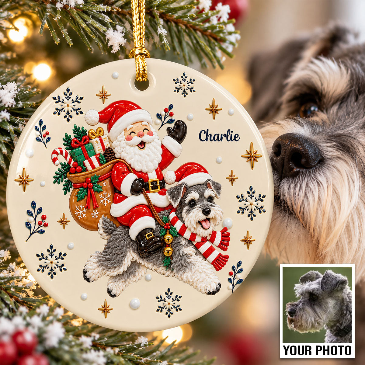 Santa On Dog's Back Upload Pet Photo 2D Flat Printed - Personalized Ceramic Ornament - Christmas Tree Decor For Dog Lover