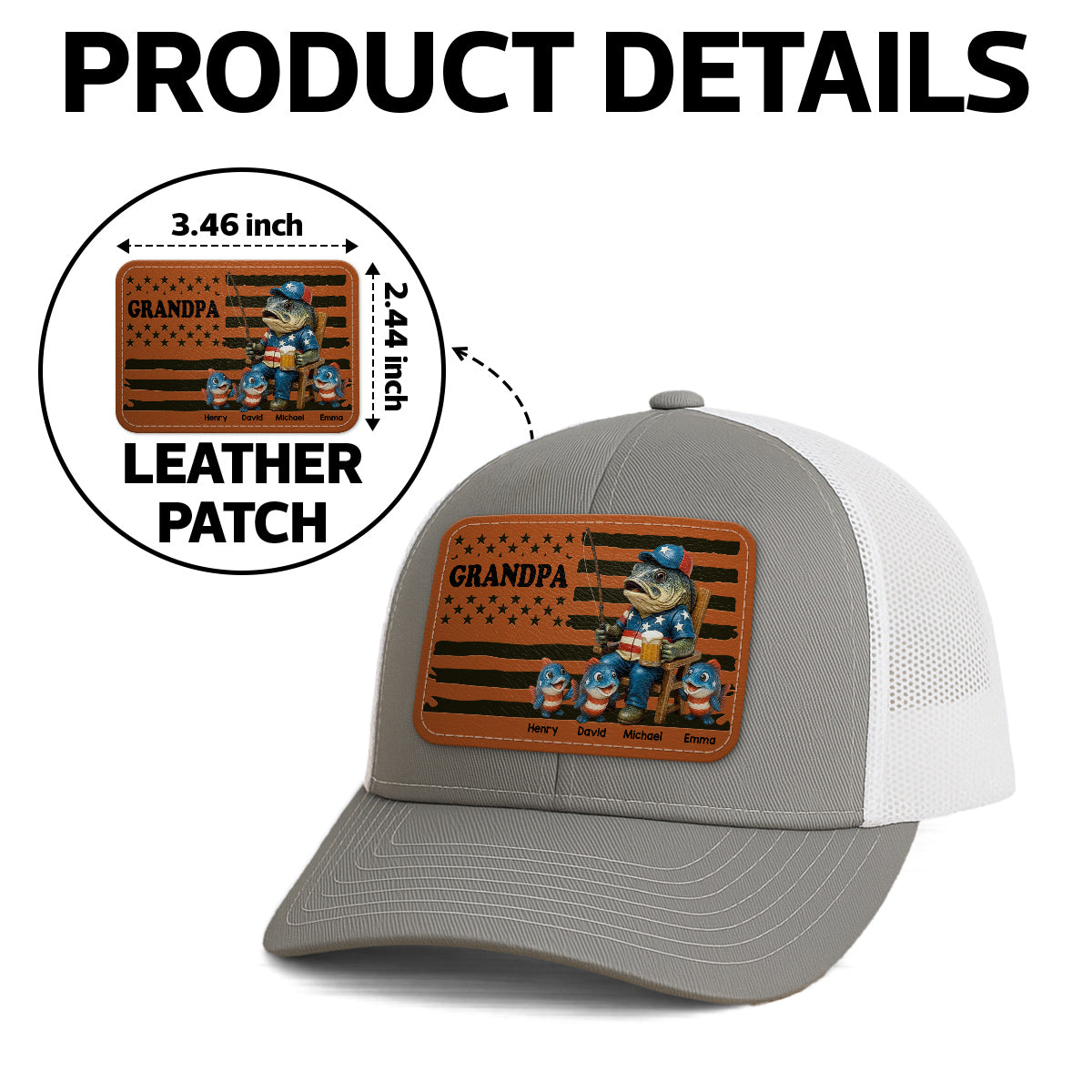 Fishing Dad Nation Flag Personalized Leather Patch Hat, Father's Day gift