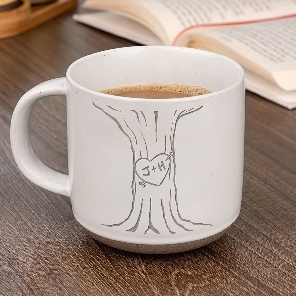 Couple Name Initials Engraved In A Heart Tree - Personalized Pottery Mug - Valentine's Day, Anniversary, Engagement Gift