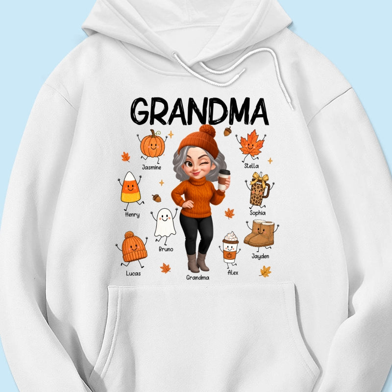 Fall Season Grandma Custom Grandkids Doodle Fall Symbols - Personalized Shirt - Fall Gift For Grandma