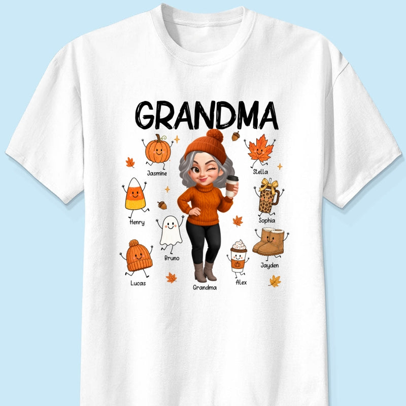 Fall Season Grandma Custom Grandkids Doodle Fall Symbols - Personalized Shirt - Fall Gift For Grandma