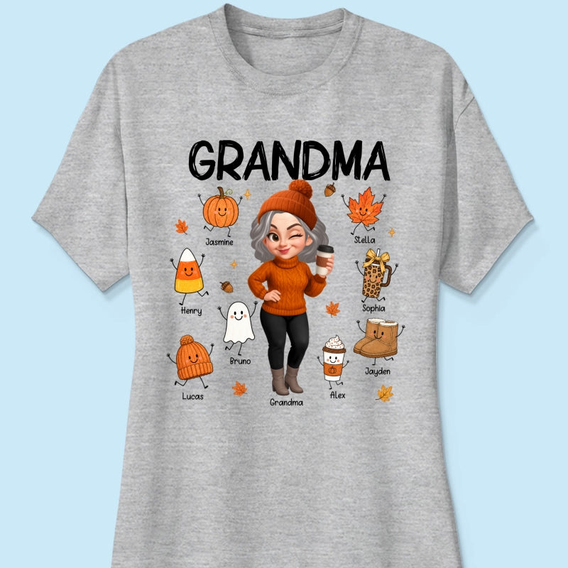 Fall Season Grandma Custom Grandkids Doodle Fall Symbols - Personalized Shirt - Fall Gift For Grandma