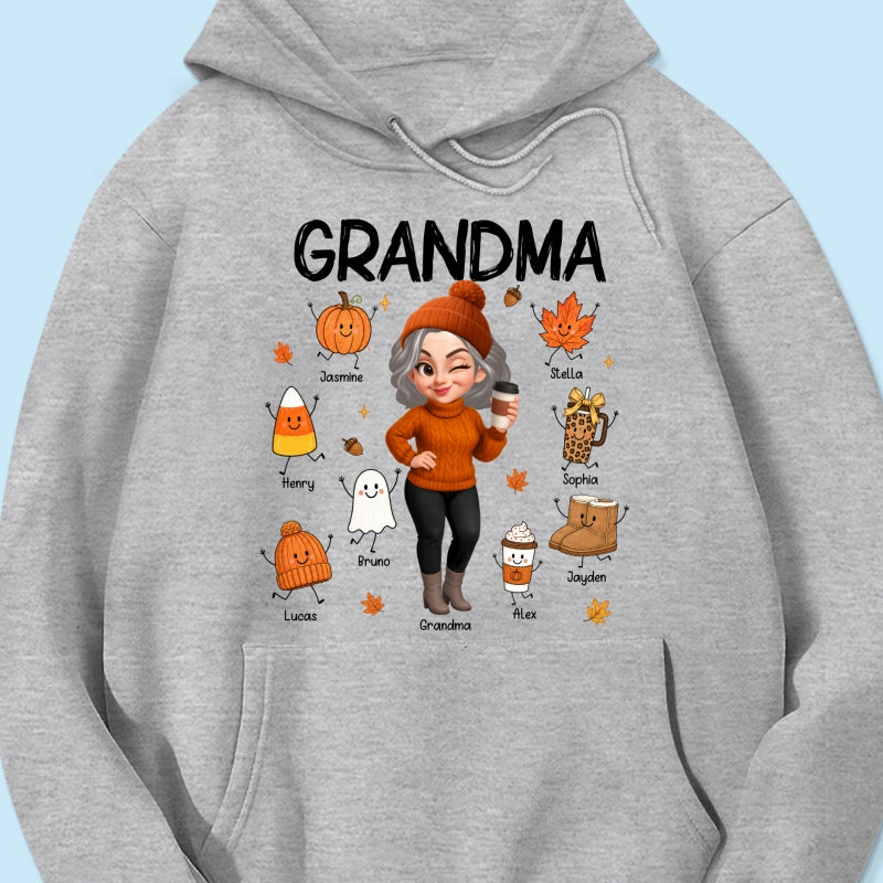 Fall Season Grandma Custom Grandkids Doodle Fall Symbols - Personalized Shirt - Fall Gift For Grandma