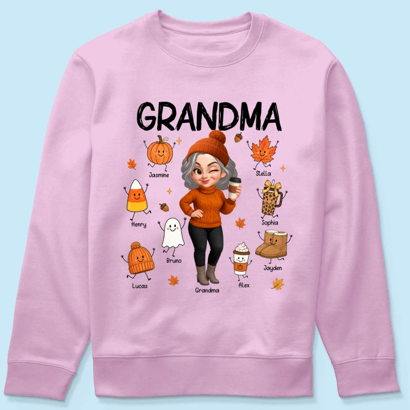 Fall Season Grandma Custom Grandkids Doodle Fall Symbols - Personalized Shirt - Fall Gift For Grandma
