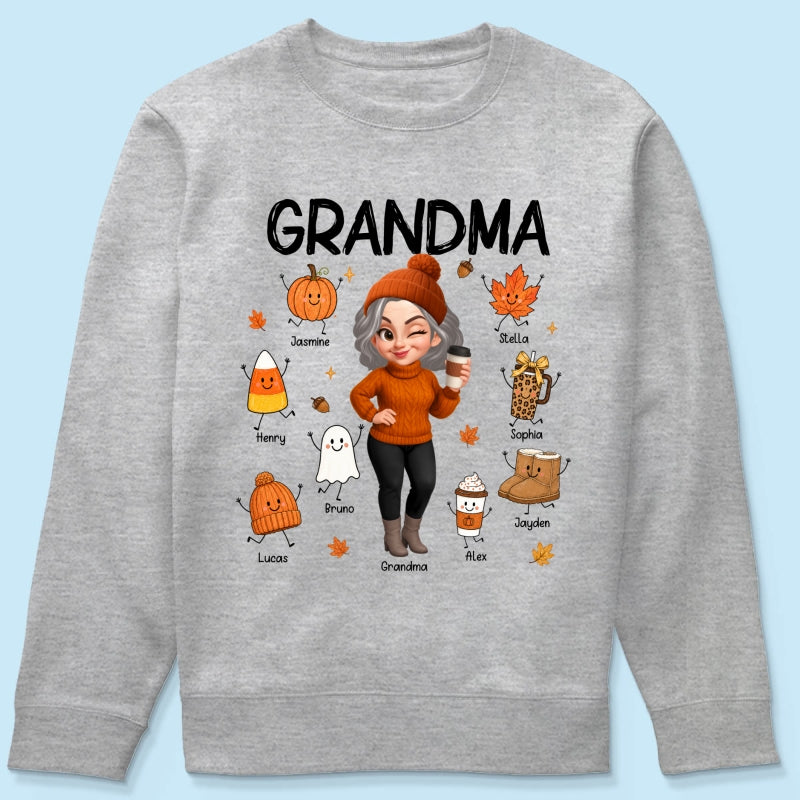 Fall Season Grandma Custom Grandkids Doodle Fall Symbols - Personalized Shirt - Fall Gift For Grandma