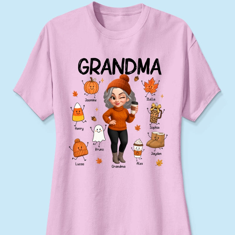Fall Season Grandma Custom Grandkids Doodle Fall Symbols - Personalized Shirt - Fall Gift For Grandma