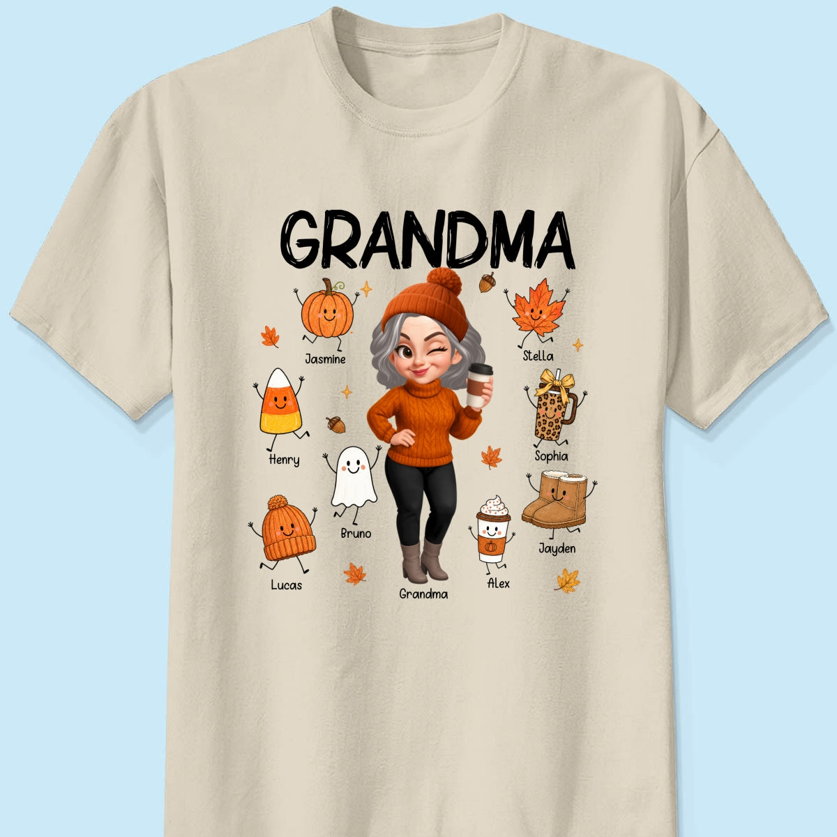 Fall Season Grandma Custom Grandkids Doodle Fall Symbols - Personalized Shirt - Fall Gift For Grandma