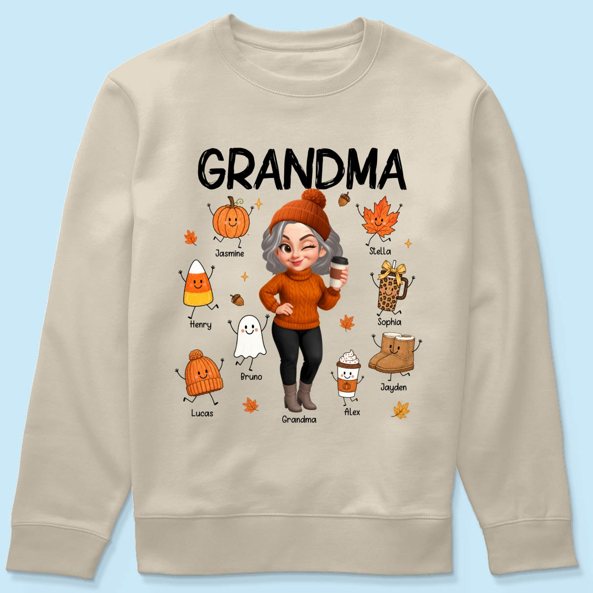 Fall Season Grandma Custom Grandkids Doodle Fall Symbols - Personalized Shirt - Fall Gift For Grandma