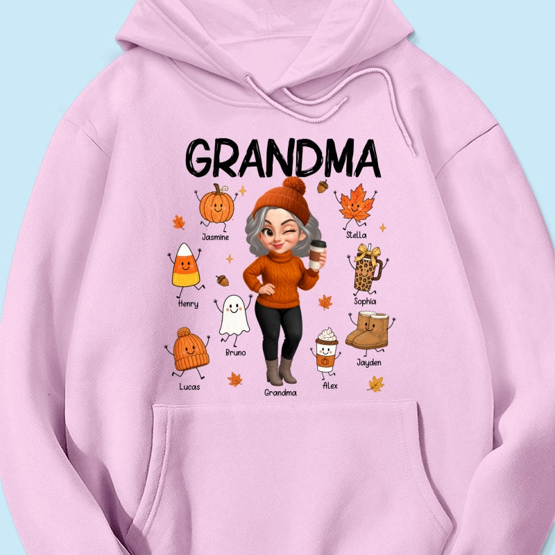 Fall Season Grandma Custom Grandkids Doodle Fall Symbols - Personalized Shirt - Fall Gift For Grandma
