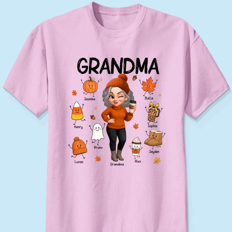 Fall Season Grandma Custom Grandkids Doodle Fall Symbols - Personalized Shirt - Fall Gift For Grandma