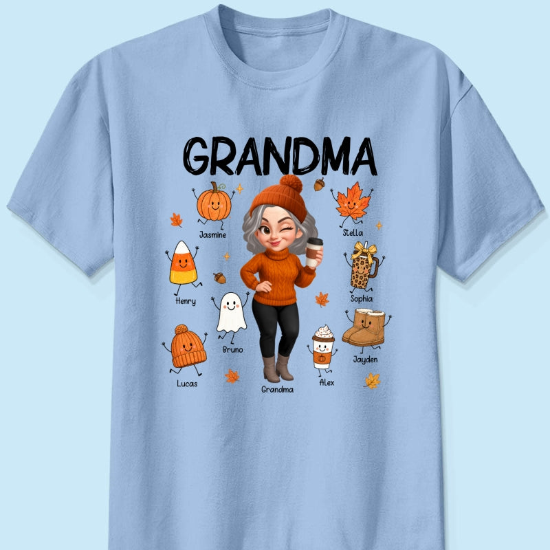 Fall Season Grandma Custom Grandkids Doodle Fall Symbols - Personalized Shirt - Fall Gift For Grandma