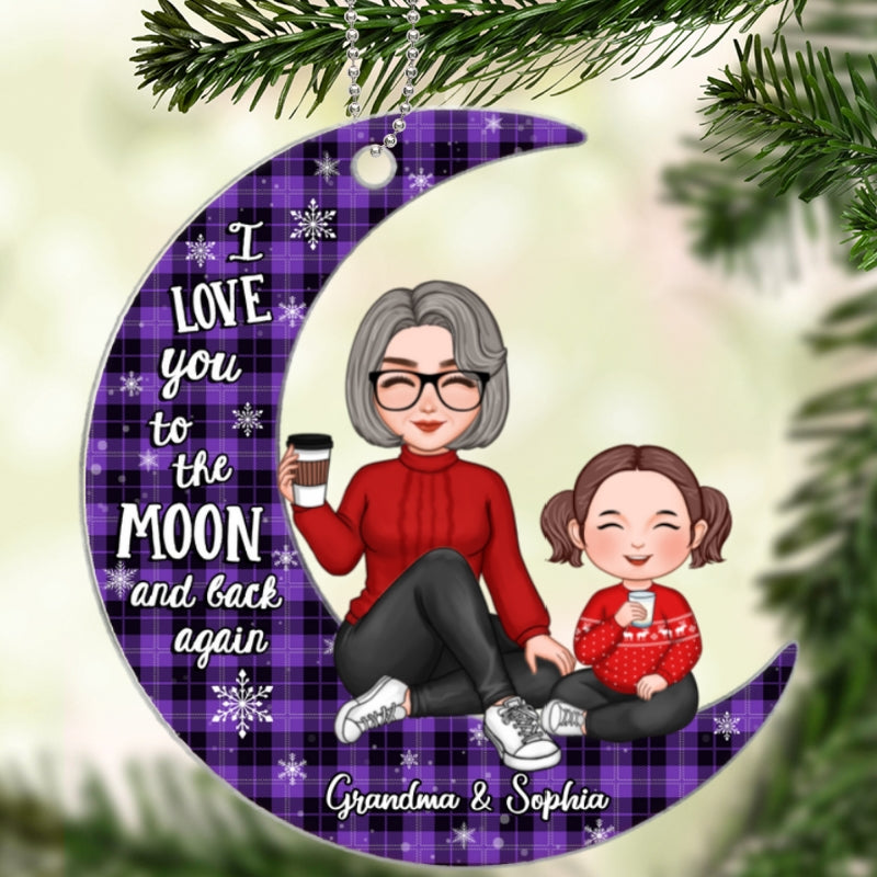 Checkered Pattern Cute Grandma Grandpa & Grandkid On Moon Christmas Gift Personalized Acrylic Ornament