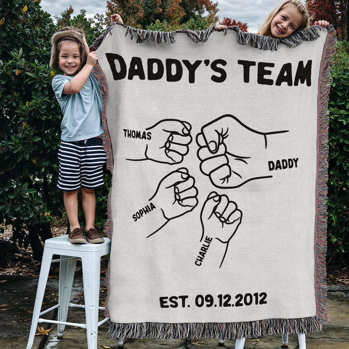 Daddy's Team Fist Bump Outline Personalized Tapestry Woven Blanket, Gift For Dad, Grandpa