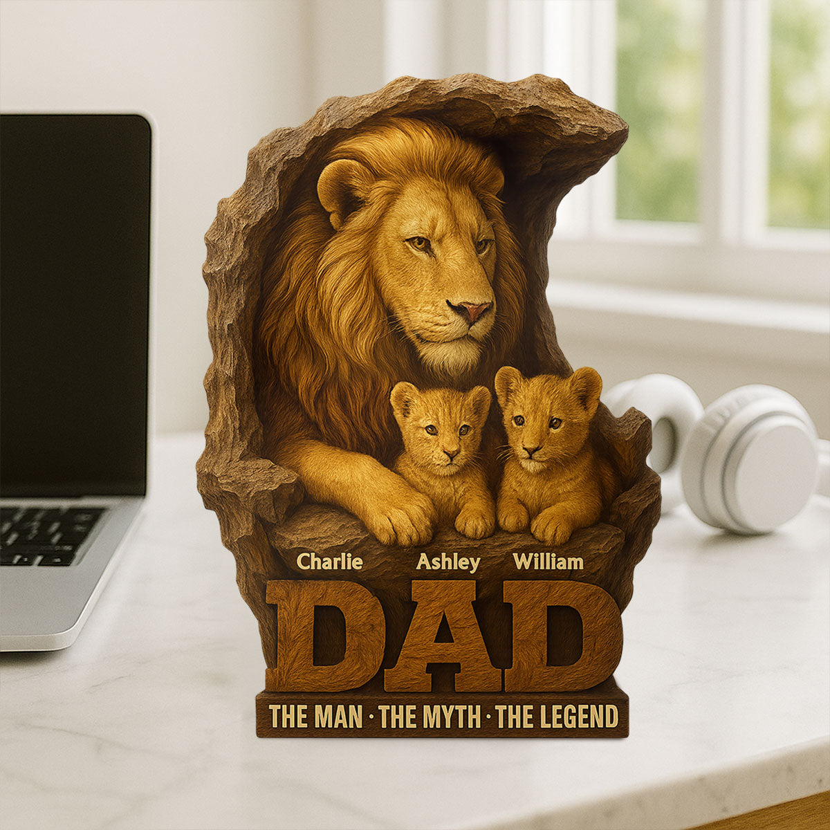 Lion Dad And Kids Personalized Custom Shape Acrylic Block Plaque