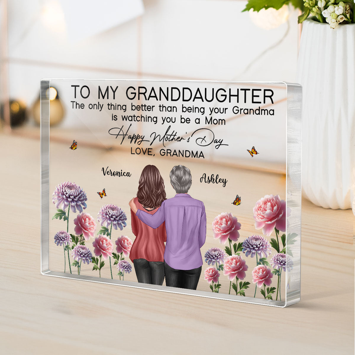 To My Granddaughter From Grandma Happy Mother's Day Birth Flower Personalized Acrylic Block Plaque, Heartfelt Gift For Granddaughter