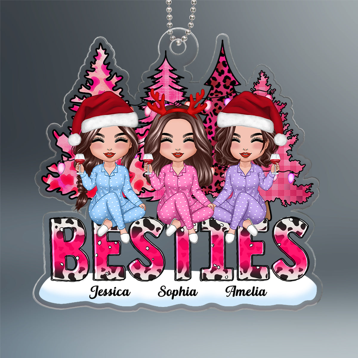 Pink Leopard Christmas Trees Besties Sisters Personalized Acrylic Ornament