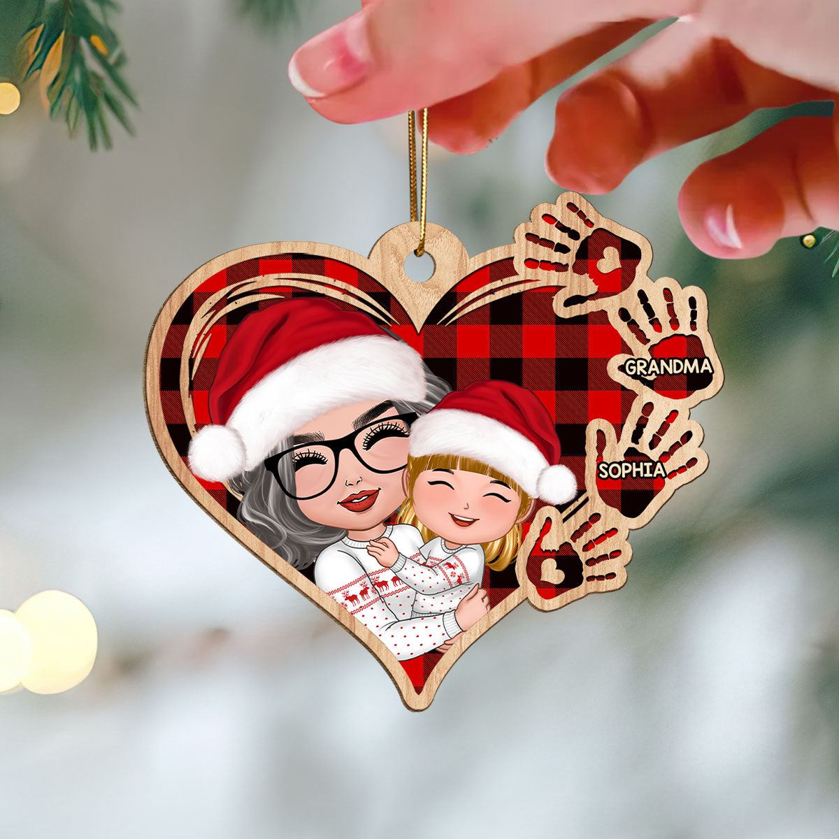 Grandma Mom Hugging Kid Checkered Pattern Heart Handprints Personalized Wooden Ornament