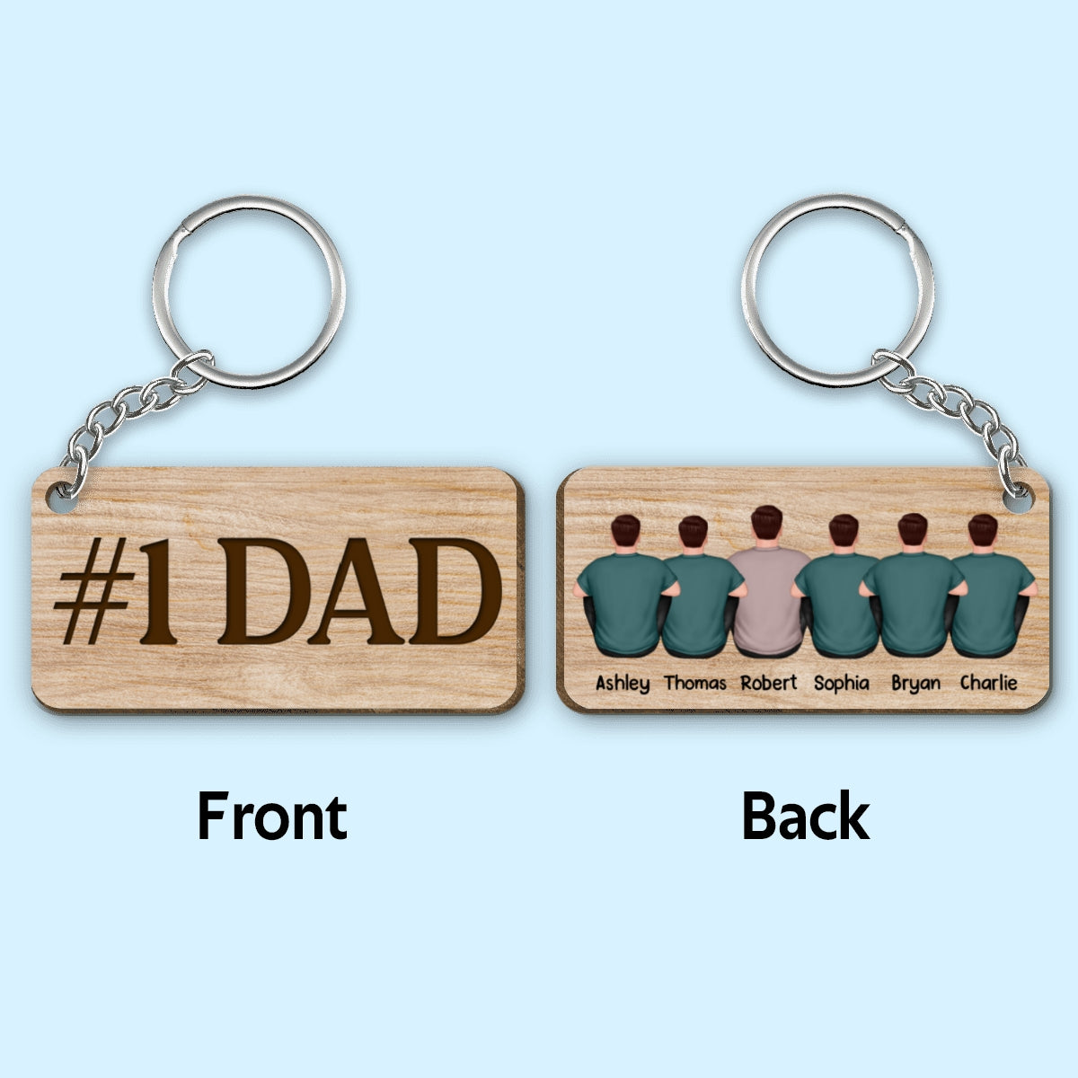 Best Dad Ever Back View Man Kids Dog Cat Personalized Wooden Keychain