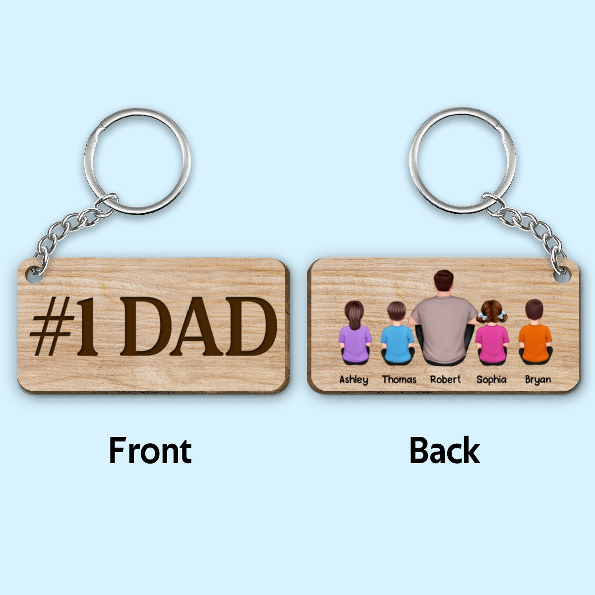 Best Dad Ever Back View Man Kids Dog Cat Personalized Wooden Keychain