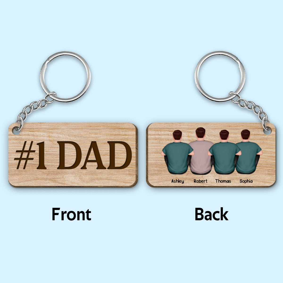 Best Dad Ever Back View Man Kids Dog Cat Personalized Wooden Keychain