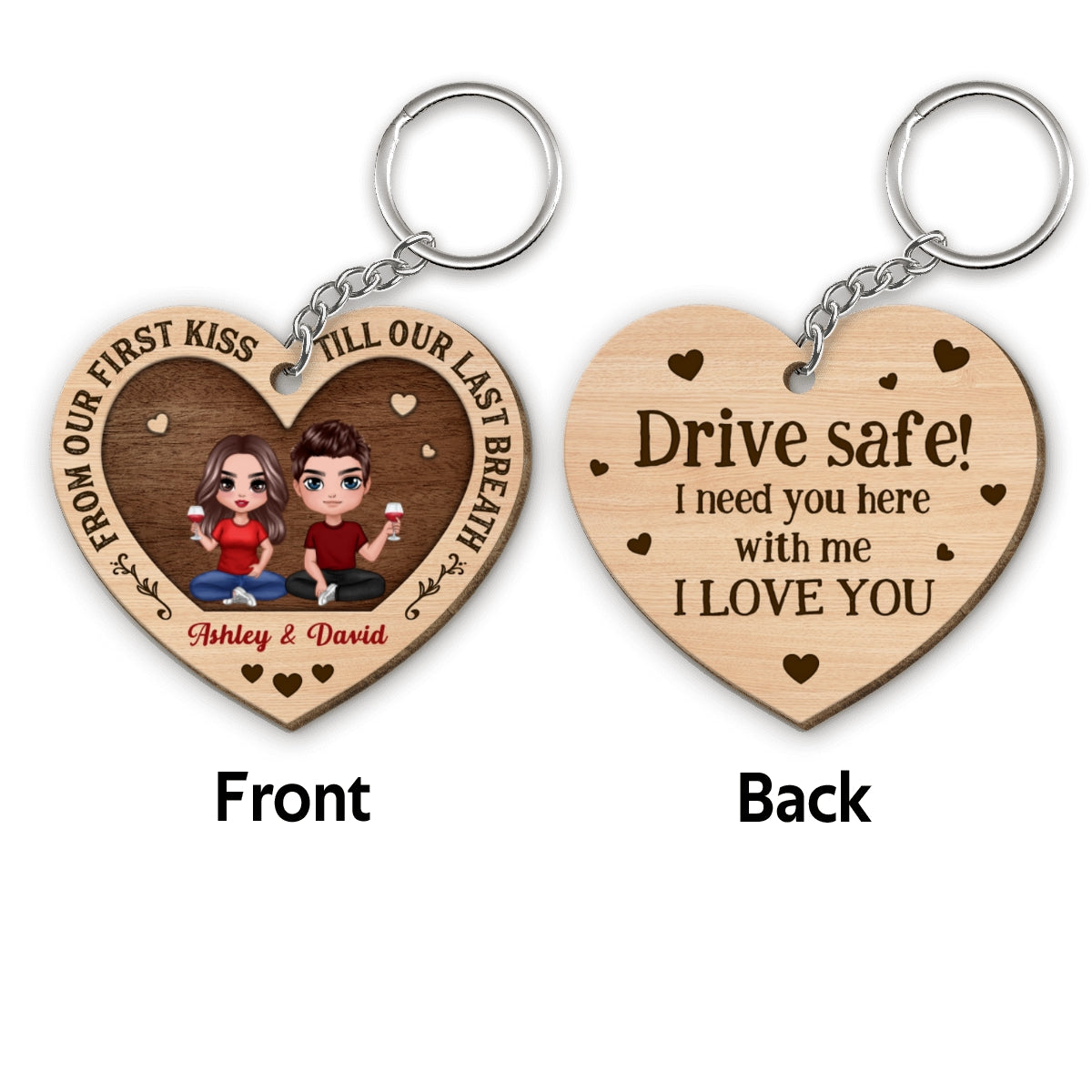 Doll Couple Kissing Drive Safe Gift For Him For Her Personalized Wooden Keychain