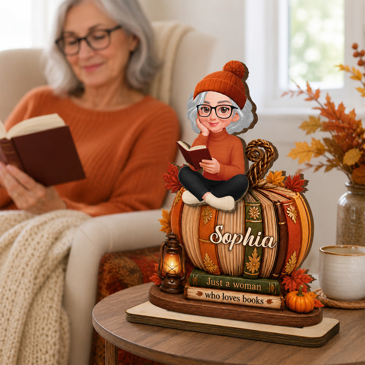 Girl Reading Book On Fall Book Pumpkin 2D Flat - Personalized 2-Layered Wooden Plaque - Fall Season Decor For Book Lover