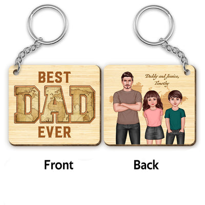 Dad And Kids Standing Front View World Map Personalized Wooden Keychain
