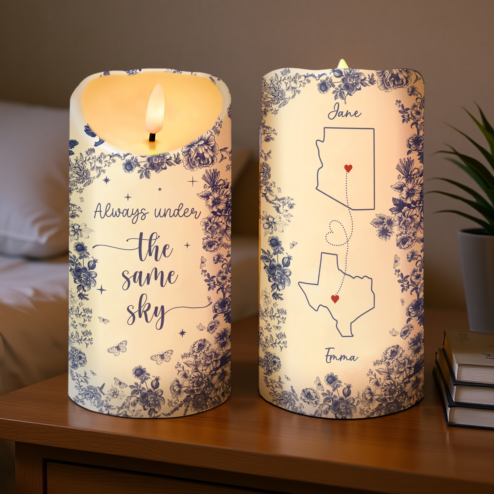 Chinoiserie Pattern Long Distance Besties Always Under The Same Sky Personalized LED Candle