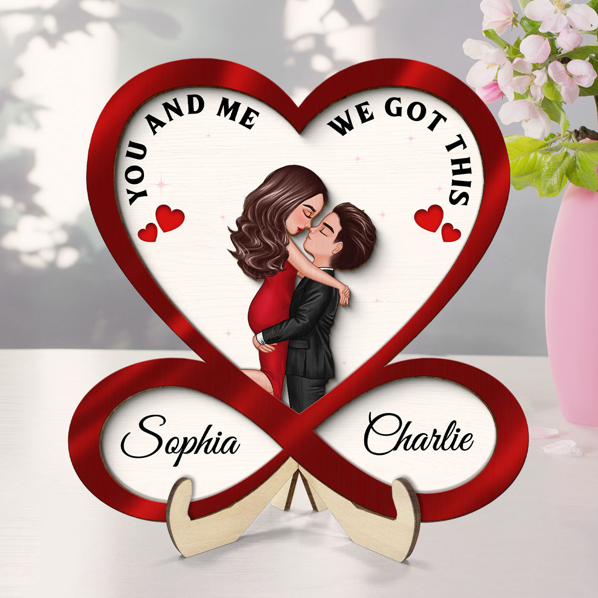 Infinity Heart Couple Hugging Kissing Anniversary Gift For Him Gift For Her Personalized 2-Layer Wooden Plaque