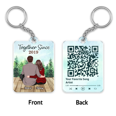 Forest Landscape Back View Couple Sitting Favorite Love Song Scannable QR Code Personalized Acrylic Keychain