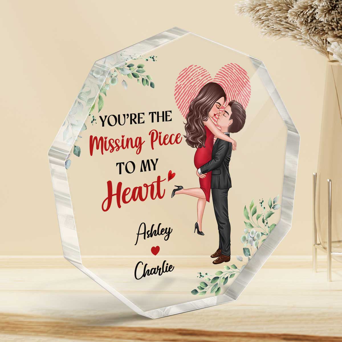 The Missing Piece Couple Heart Fingerprint Personalized Acrylic Nonagon Plaque