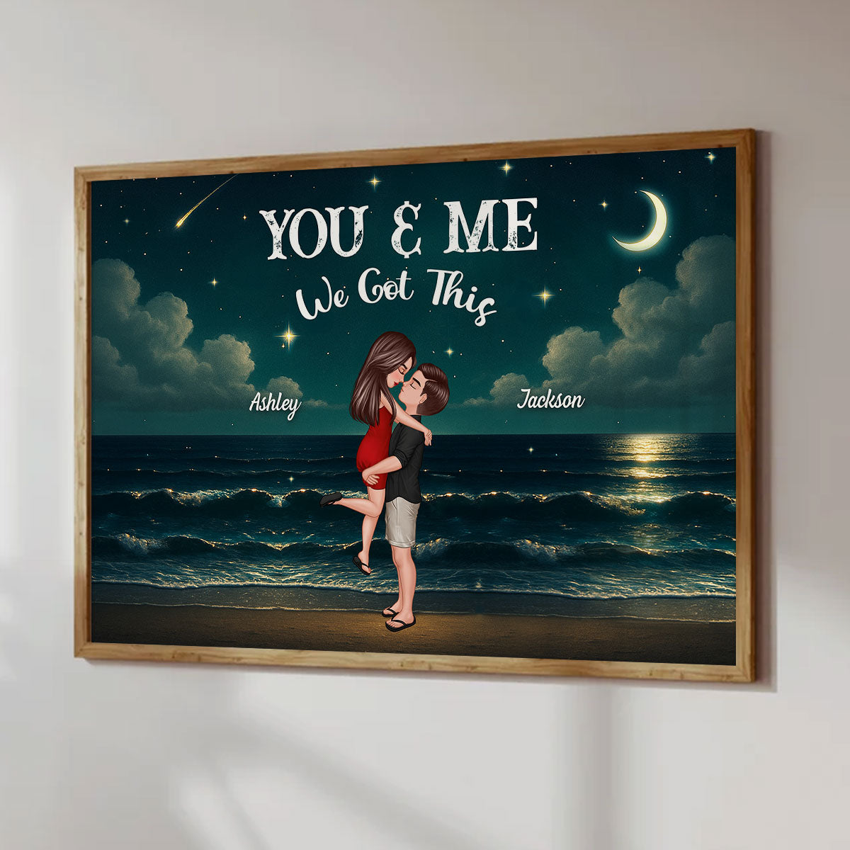 Night Beach Landscape Couple Hugging Kissing Personalized Poster, Unique & Meaningful Wall Art For Your Home
