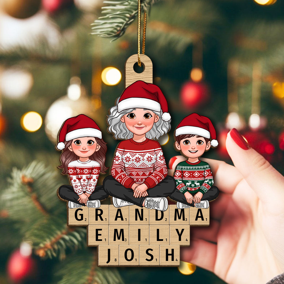 Animated Grandma Grandkids Sitting On Wooden Blocks Personalized Wooden Ornament