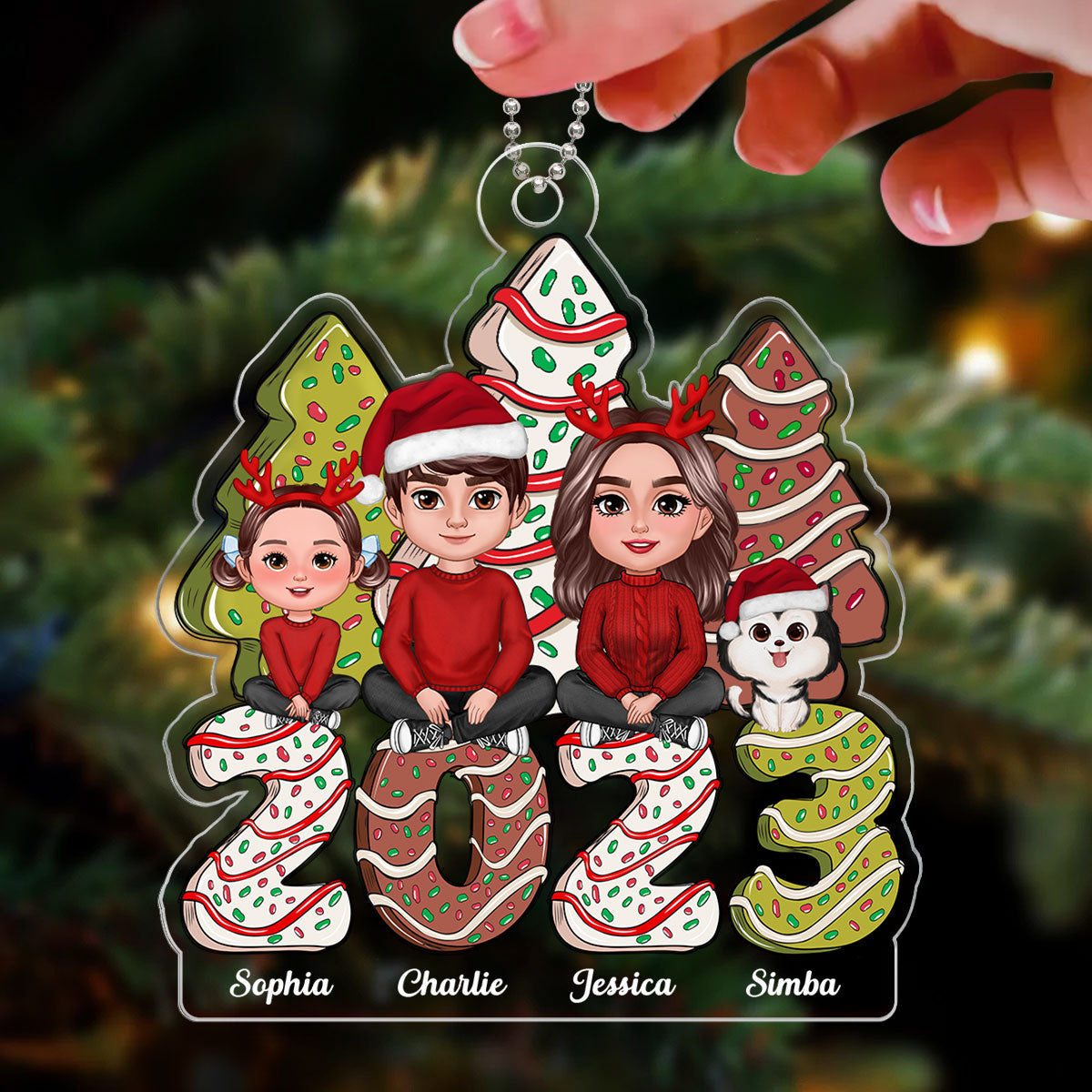 Family Crossed Legs Sitting Christmas Tree Cake Patterned Personalized Acrylic Ornament