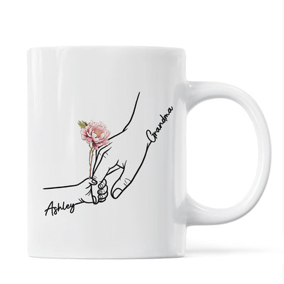 Kids Holding Grandma Mom Hand Birth Month Flowers Personalized Mug