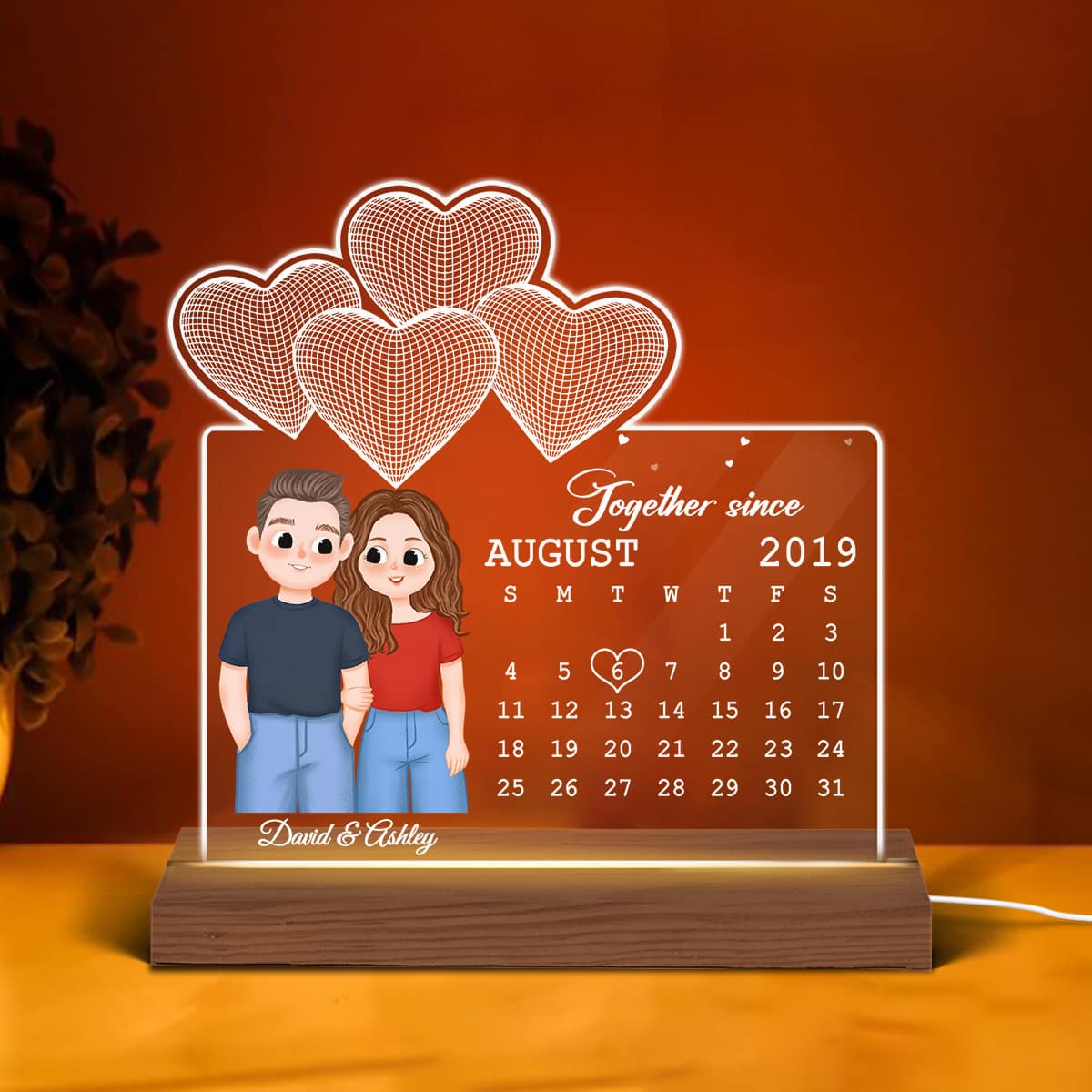 Cute Illustration Couple Under 3D Heart Calendar Anniversary Date Personalized Custom Shape Acrylic Plaque LED Night Light