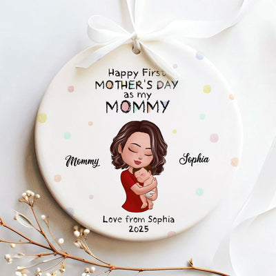 Happy First Mother's Day Mom Grandma Hugging Kid Crayon Patterned Personalized Circle Ceramic Ornament