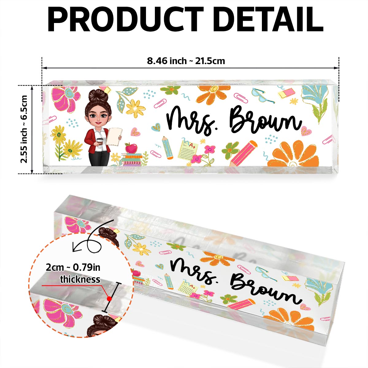 Teacher Floral Pattern Personalized Acrylic Desk Name Plate, Back To School Gift For Teacher