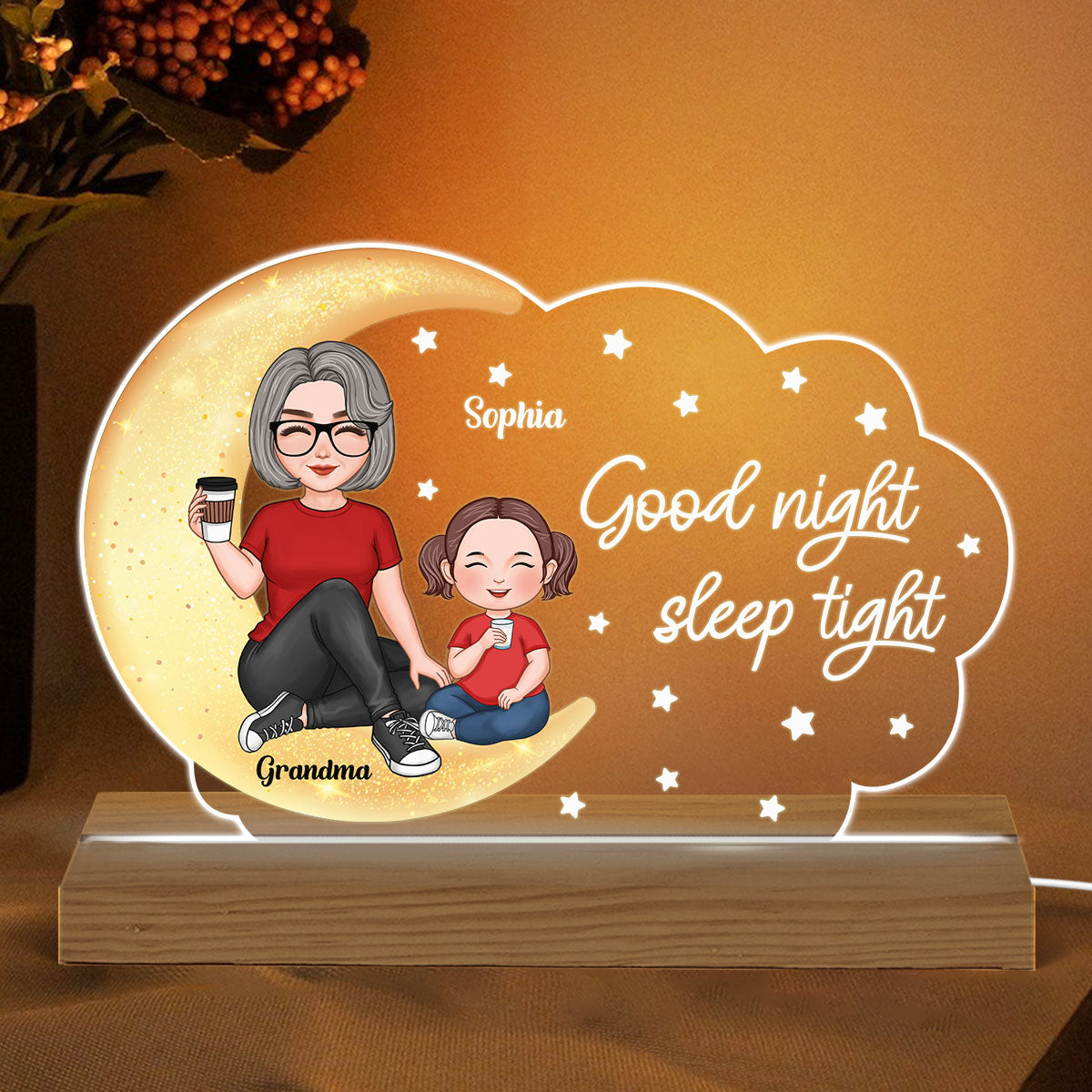 Cute Grandma Grandkid Sitting On Moon Cloud Stars Goodnight Personalized Acrylic Plaque With LED Night Light