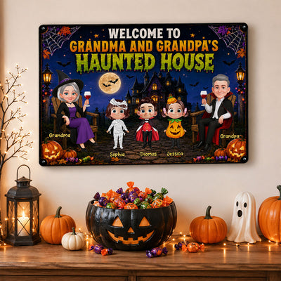 Whimsical Grandma & Grandpa's Haunted House With Grandkids - Personalized Metal Sign - Halloween Decoration For Grandparents