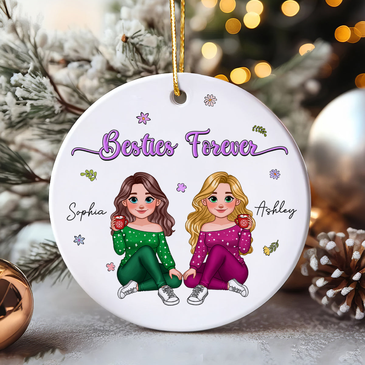 Animated Sisters Forever Floral Personalized Ceramic Ornament, Christmas Gift For Sisters, Best Friends