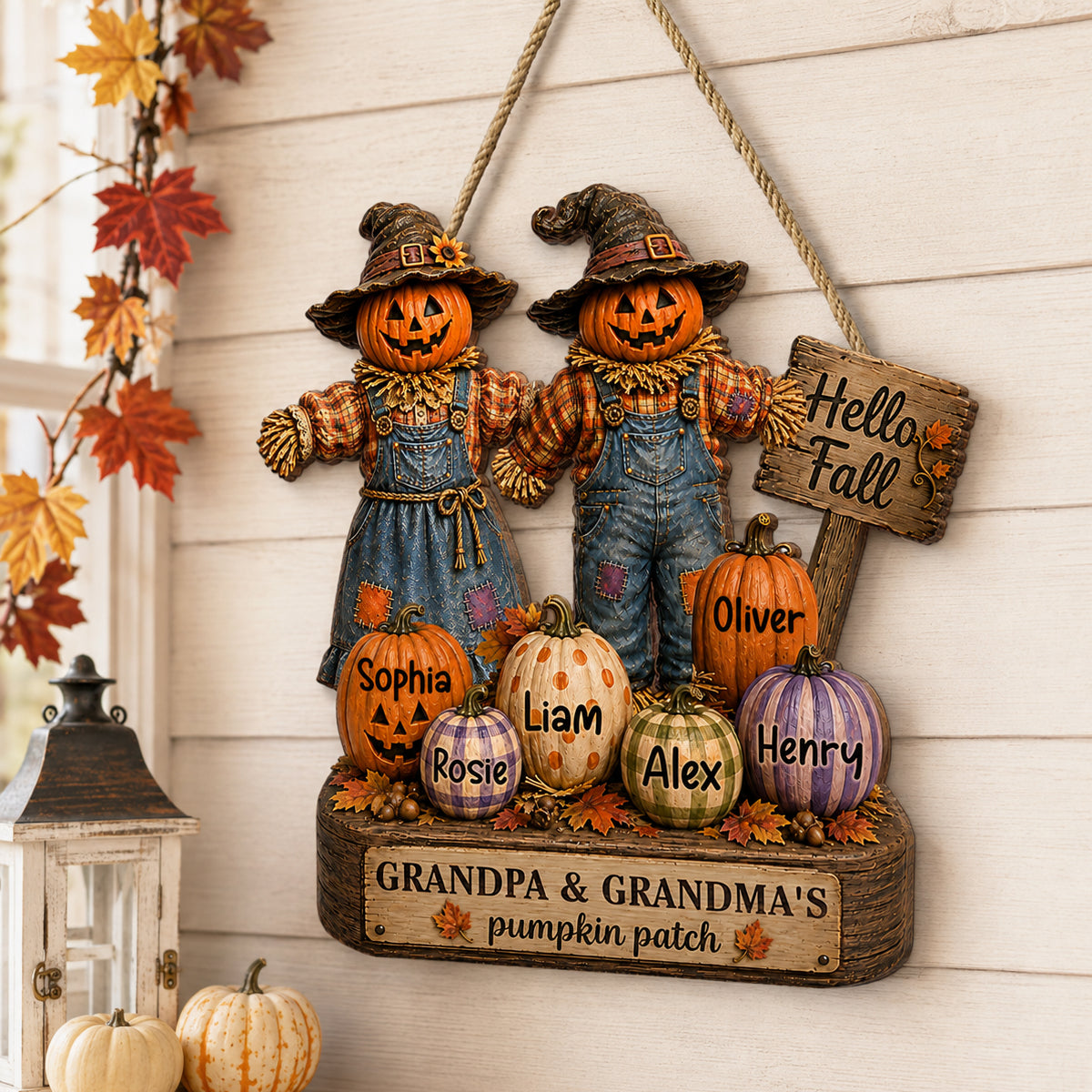 Grandma Grandpa's Pumpkin Patch Scarecrow - Personalized Door Sign - Halloween Fall Decor for Grandparents
