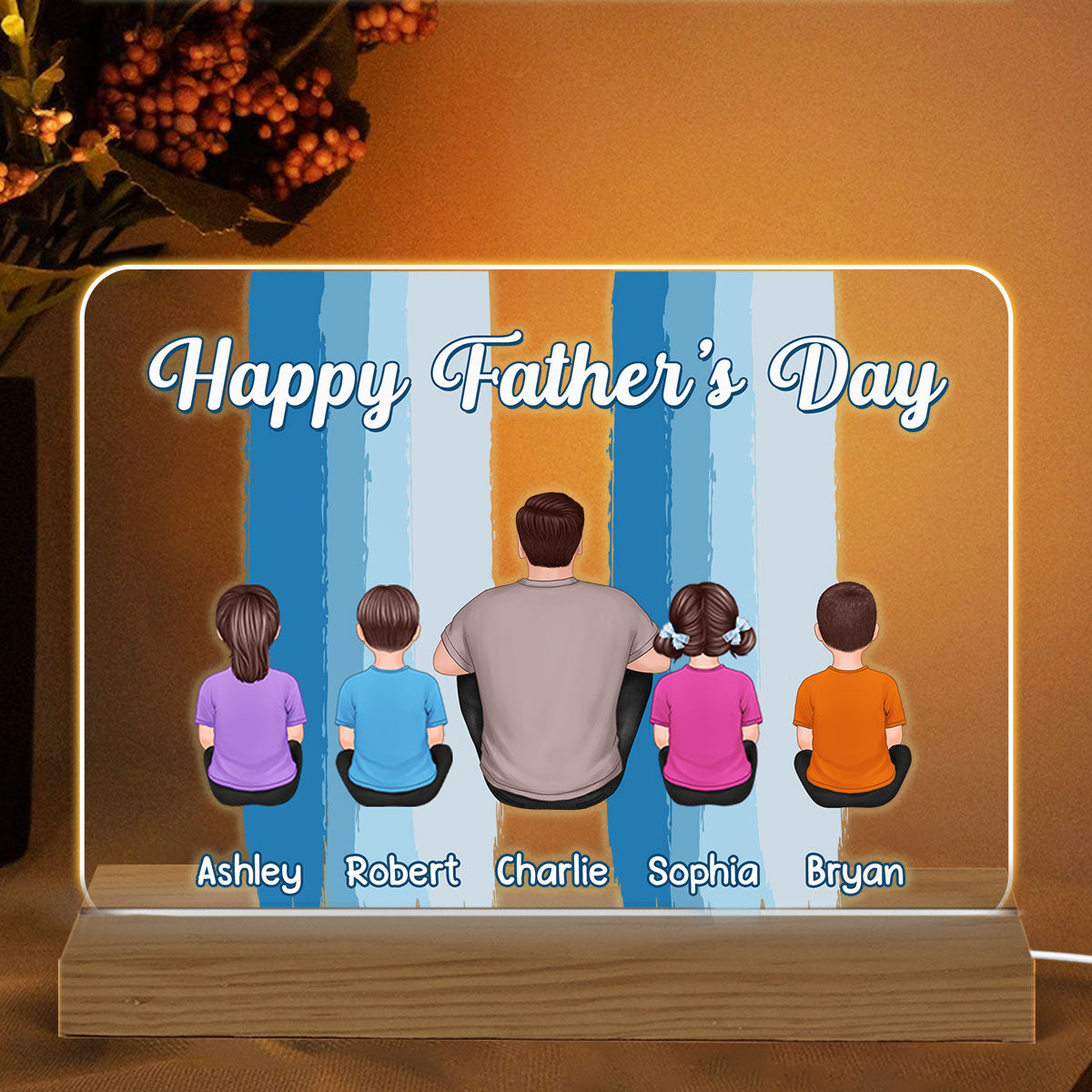 Happy Father‘s Day Man Kids Dogs Cats Blue Stripes Personalized Warm Acrylic Custom Shape LED Night Light